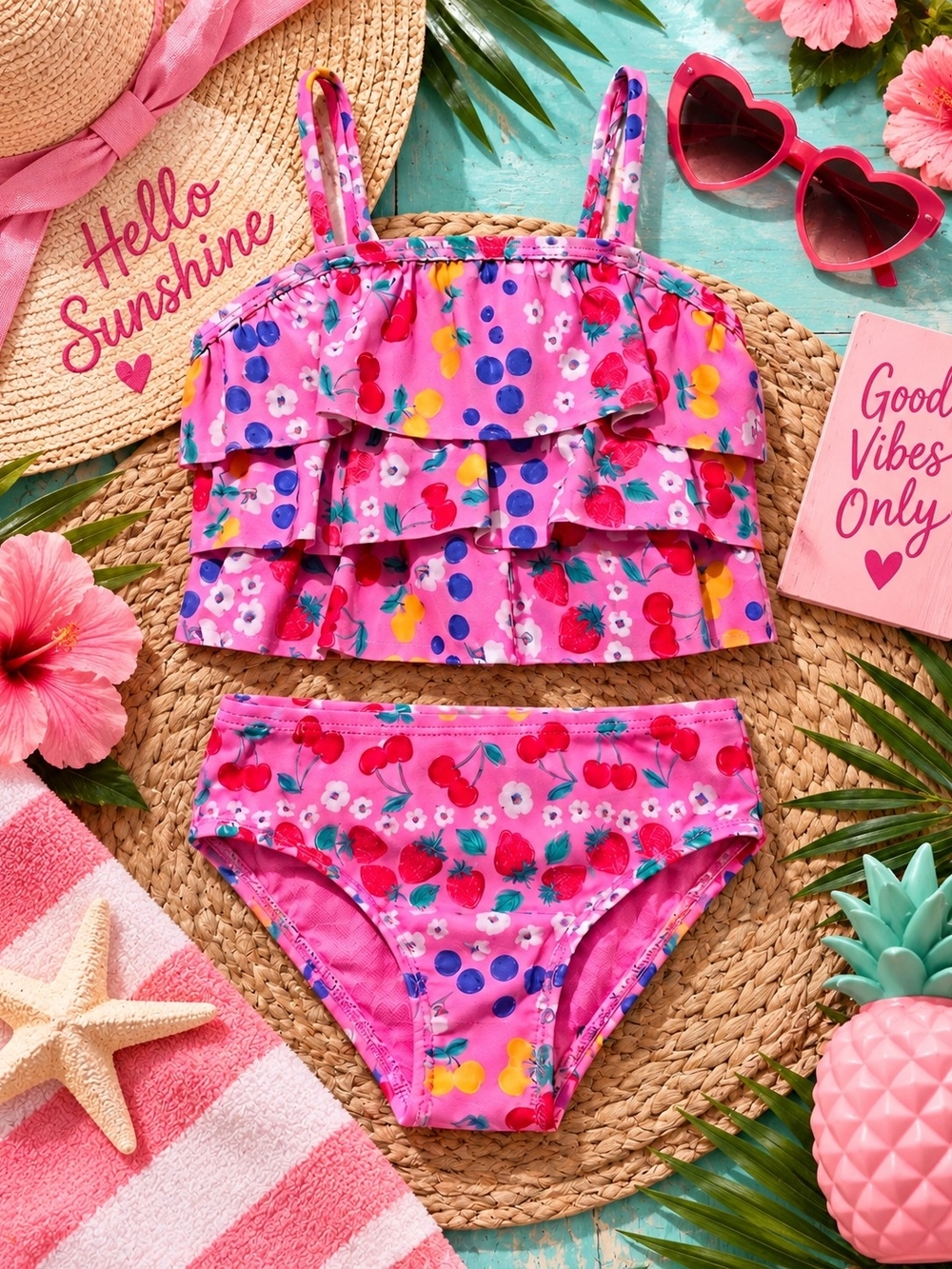 NWT Wonder Nation Pink Strawberry Cherry Floral Ruffle 2-Piece Swimsuit 2T